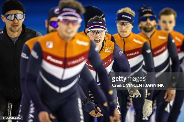 Dutch short track speed skater Suzanne Schulting joins the short track selection during the first training session on the summer ice of Thialf which...