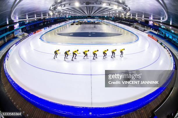 The Dutch Jumbo skating team takes to the ice during the first training session on the summer ice of Thialf which is temporarily opened for training...