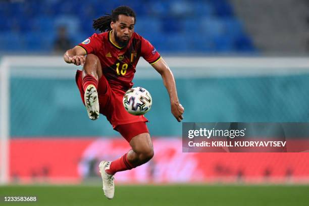 Belgium's defender Jason Denayer controls the ball during the UEFA EURO 2020 Group B football match between Finland and Belgium at Saint Petersburg...