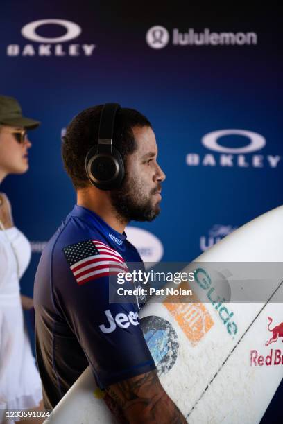 Champion Adriano De Souza of Brazil prior to surfing in the Semifinal of the Jeep Surf Ranch Pro presented by Adobe on June 20, 2021 in Lemoore,...