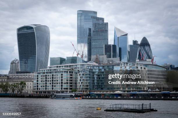 The City of London skyline from the south bank of the river Thames on the 25th of May 2021 in London, United Kingdom.