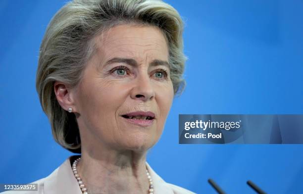 Ursula von der Leyen, President of the European Commission, address the media during a joint press conference after a meeting on June 22, 2021 in...