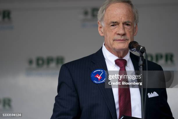 Senator Tom Carper, a Democrat from Delaware, speaks at a rally for D.C. Statehood near the U.S. Capitol in Washington, D.C., U.S., on Tuesday, June...