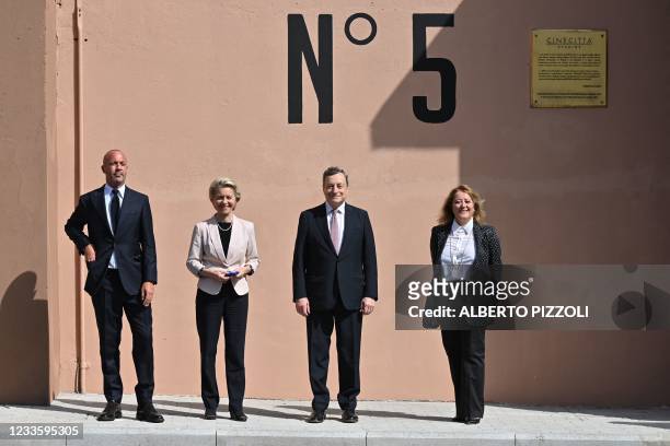 European Commission President, Ursula von der Leyen , Italy's Prime Minister, Mario Draghi , President of the Cinecitta cinema studios, Chiara...
