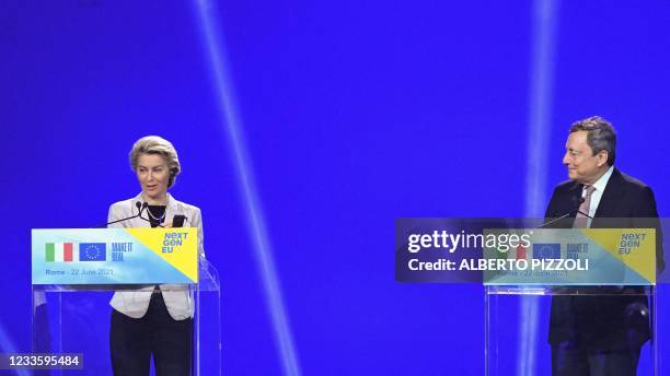 European Commission President, Ursula von der Leyen and Italy's Prime Minister, Mario Draghi speak during a joint press conference on June 22, 2021...