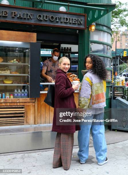 Tavi Gevinson and Whitney Peak are seen on the set of "Gossip Girl" on June 22, 2021 in New York City.