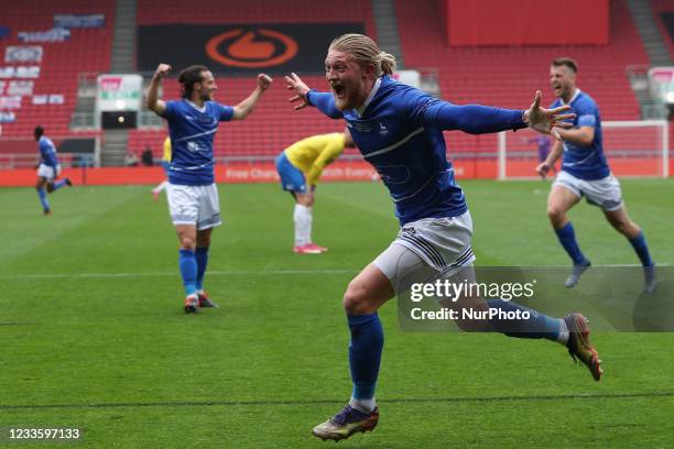 Luke Armstrong of Hartlepool United celebrates after scoring their first goal during the Vanarama National League Play Off Final between Hartlepool...