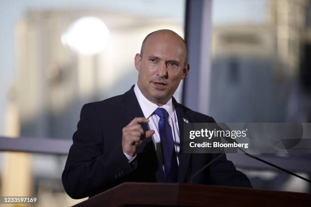 Naftali Bennett, Israel's prime minister, speaks during an event at Ben Gurion International Airport in Tel Aviv, Israel, on Tuesday, June 22, 2021....