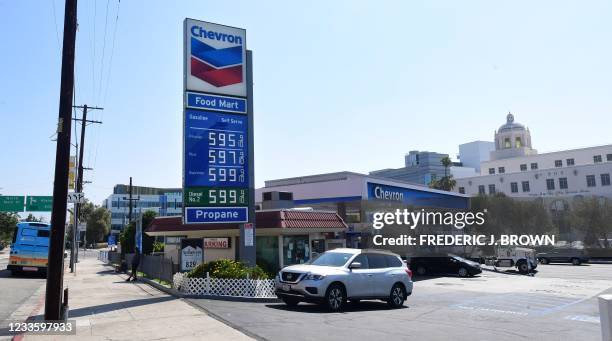Some of the highest gas prices in town are posted on a signboard at a gas station in downtown Los Angeles, California on June 22 as gasoline prices...