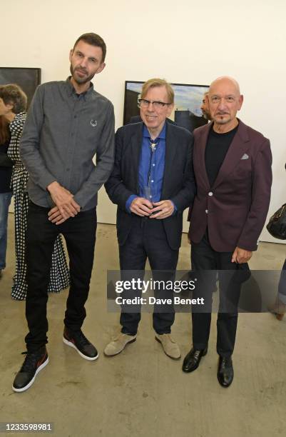 Tim Westwood, Timothy Spall and Sir Ben Kingsley attend a private view of Timothy Spall's first major solo exhibition "Out Of The Storm" at the...