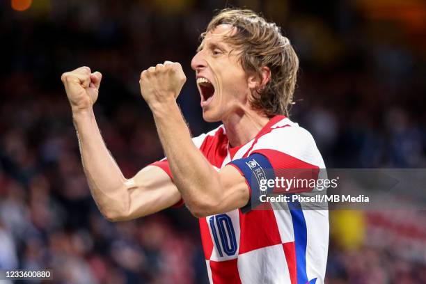 Luka Modric of Croatia celebrates a goal during the UEFA Euro 2020 Championship Group D match between Croatia and Scotland at Hampden Park on June...