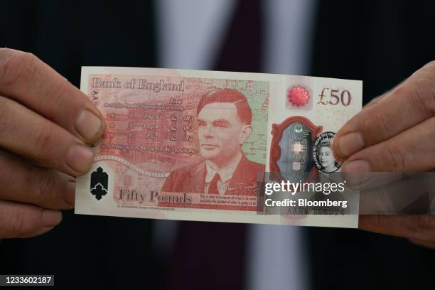 The new 50-pound banknote, featuring an image of World War II code breaker Alan Turing, at Bletchley Park in Bletchley, U.K., on Monday, June 21,...