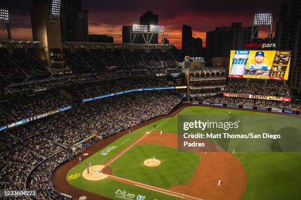 General view of the ballpark as the sun sets as the San Diego Padres face against the Los Angeles Dodgers on June 22, 2021 at Petco Park in San...