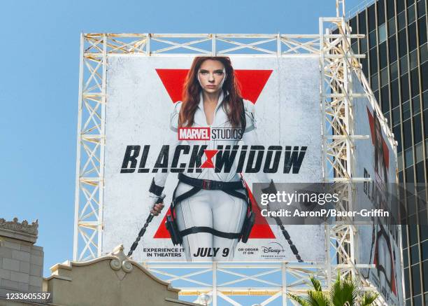 View of a billboard above the El Capitan Entertainment Centre promoting Marvel Studios' 'Black Widow' on June 22, 2021 in Hollywood, California.
