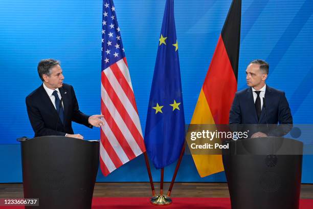 Antony Blinken, Foreign Minister of the United States of America and German Foreign Minister Heiko Maas, speak to the press during a joint press...