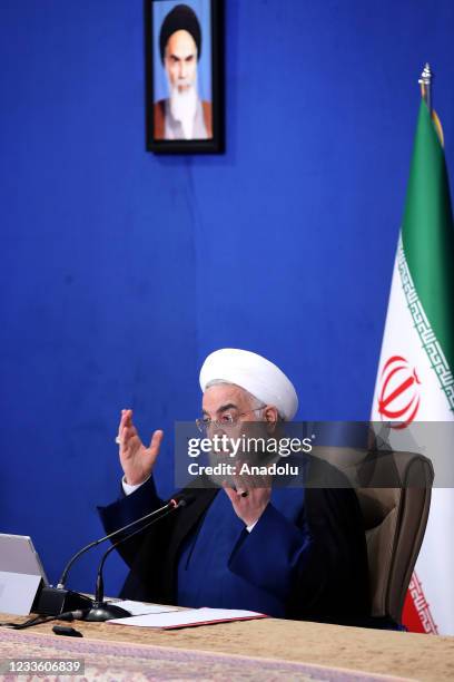 Iranian President Hassan Rouhani speaks on participation level in 13th presidential elections and U.S. Sanctions at the cabinet meeting in Tehran,...