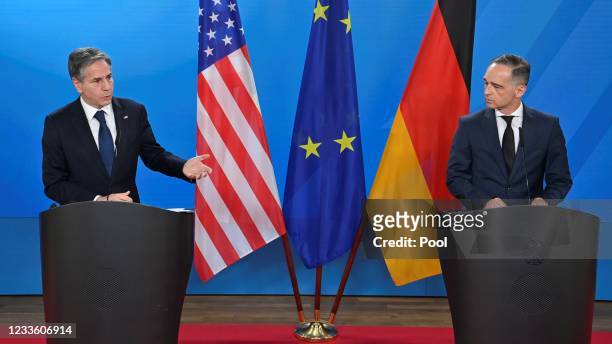 Antony Blinken, Foreign Minister of the United States of America and German Foreign Minister Heiko Maas, speak to the press during a joint press...