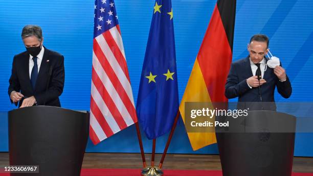 Antony Blinken, Foreign Minister of the United States of America and German Foreign Minister Heiko Maas, speak to the press during a joint press...