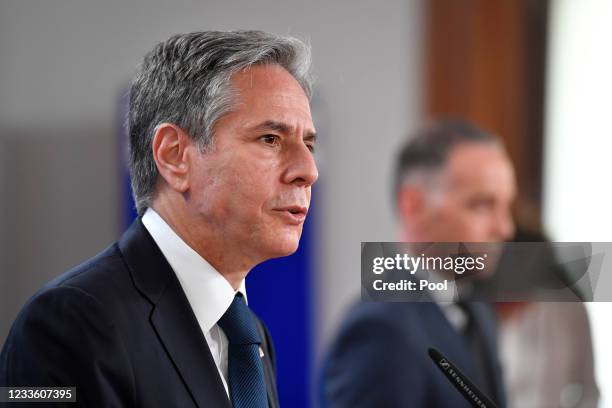 Antony Blinken, Foreign Minister of the United States of America and German Foreign Minister Heiko Maas, speak to the press during a joint press...