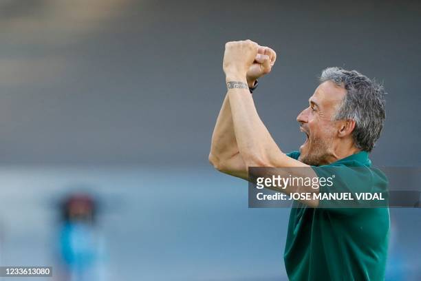 Spain's coach Luis Enrique reacts after his team's second goal during the UEFA EURO 2020 Group E football match between Slovakia and Spain at La...
