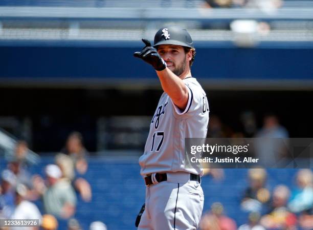 Luis Gonzalez of the Chicago White Sox reacts after his first major league hit, doubling in the second inning against the Pittsburgh Pirates during...