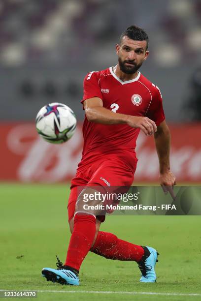 Maher Sabra of Lebanon in action during the FIFA Arab Cup 2021 Qualifying match between Lebanon and Djibouti at Khalifa International Stadium on June...