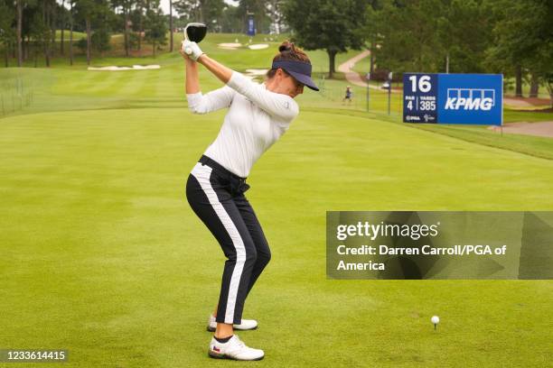 Klara Spilkova of the Czech Republic hits her tee shot on the 16th hole during a practice round for the 2021 KPMG Women's Championship at the Atlanta...