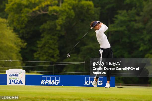 Klara Spilkova of the Czech Republic hits her tee shot on the 14th hole during a practice round for the 2021 KPMG Women's Championship at the Atlanta...