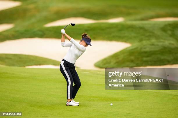 Klara Spilkova of the Czech Republic hits out of the 14th fairway during a practice round for the 2021 KPMG Women's Championship at the Atlanta...