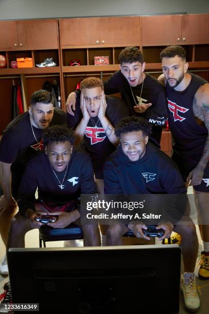 Portrait of FaZe Clan gamers Nicholas Nickmercs Kolcheff, Kris Swagg Lamberson, Brian Rug Awadis, Thomas Temperrr Oliveira, and FaZe Clan athletes...