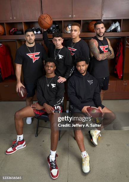 Portrait of FaZe Clan gamers Nicholas Nickmercs Kolcheff, Kris Swagg Lamberson, Thomas Temperrr Oliveira, Brian Rug Awadis, and FaZe Clan athletes...