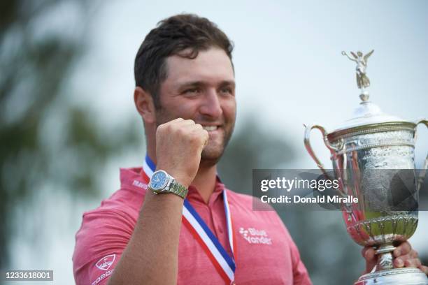 Jon Rahm victorious, holding US Open Championship Trophy after winning tournament at Torrey Pines GC. San Diego, CA 6/20/2021 CREDIT: Donald Miralle