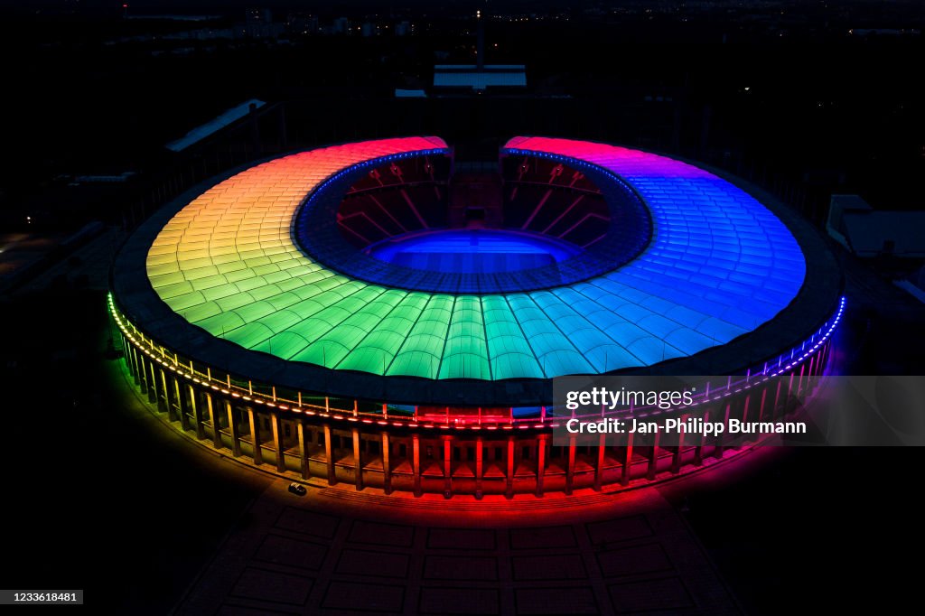 Olympiastadion Berlin glows in rainbow colors
