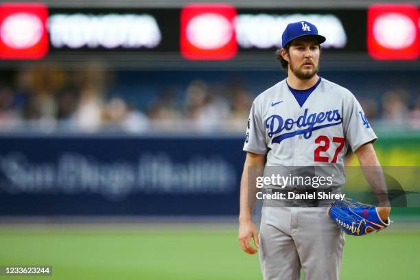 Trevor Bauer of the Los Angeles Dodgers pauses between pitches during the game between the Los Angeles Dodgers and the San Diego Padres at Petco Park...