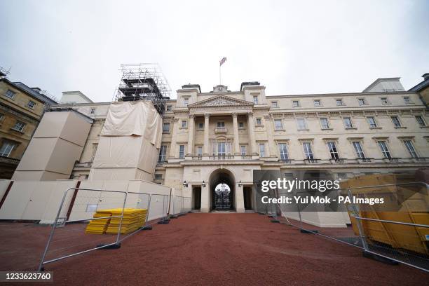 Building work takes place on the East Wing and Quadrangle of Buckingham Palace in London, part of the 10-year refurbishment programme for the royal...