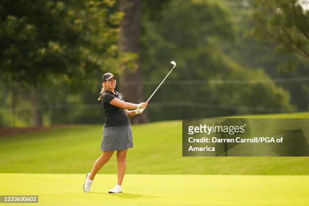 Kristen Gillman hits out of the fairway on the ninth hole during the first round for the 2021 KPMG Women's Championship at the Atlanta Athletic Club...