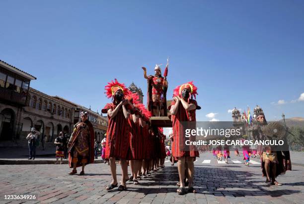 An actor performs as the Inca Emperor, in the recreation of an ancient ritual during the Inti Raymi Festival in Cuzco, Peru on June 24, 2021. - The...