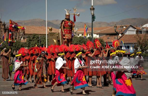 An actor performs as the Inca Emperor, in the recreation of an ancient ritual during the Inti Raymi Festival in Cuzco, Peru on June 24, 2021. - The...