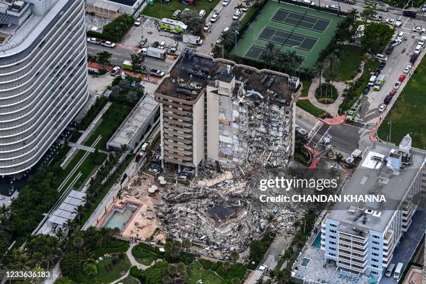 This aerial view, shows search and rescue personnel working on site after the partial collapse of the Champlain Towers South in Surfside, north of...