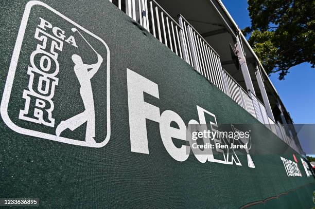 FedEx Cup signage is seen during the first round of the Travelers Championship at TPC River Highlands on June 24, 2021 in Cromwell, Connecticut.