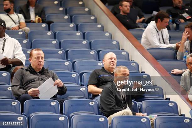 Head Coach Tom Thibodeau, President Leon Rose, and General Manager Scott Perry of the New York Knicks look on during the 2021 NBA Draft Combine on...