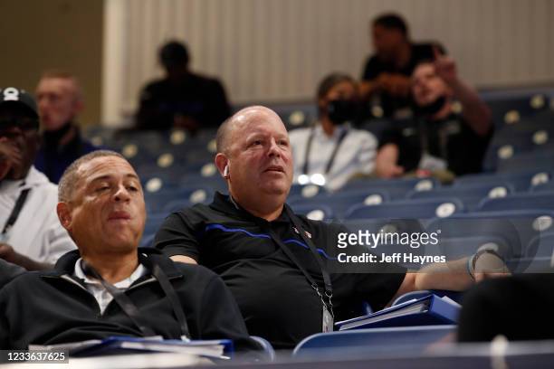 President Leon Rose, and General Manager Scott Perry of the New York Knicks look on during the 2021 NBA Draft Combine on June 24, 2021 at the...