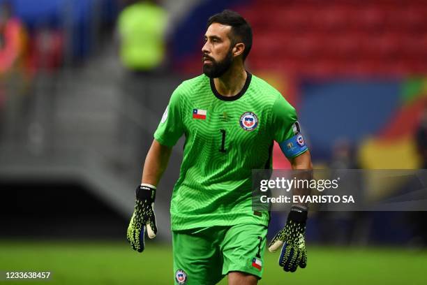 Chile's goalkeeper Claudio Bravo is pictured during the Conmebol Copa America 2021 football tournament group phase match against Paraguay at the Mane...