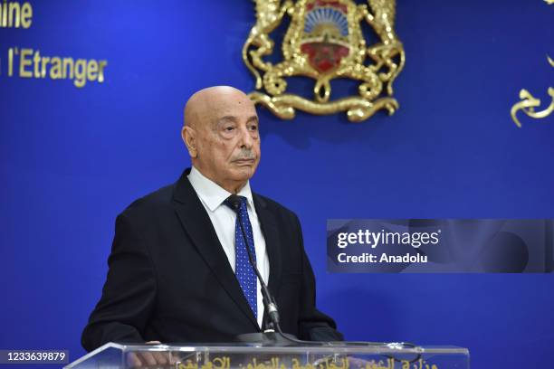Libyan Speaker of the House of Representatives Aguila Saleh Issa makes a speech as he holds a joint press conference with Moroccan Foreign Minister...