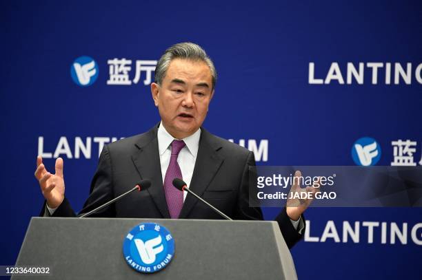 Chinese Foreign Minister Wang Yi speaks during the Lanting Forum in Beijing on June 25, 2021.