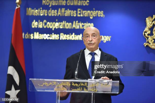 Libyan Speaker of the House of Representatives Aguila Saleh Issa makes a speech as he holds a joint press conference with Moroccan Foreign Minister...