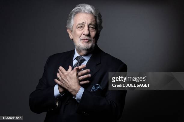 Spanish tenor opera singer Placido Domingo poses during a photo session in Paris, on June 22, 2021.