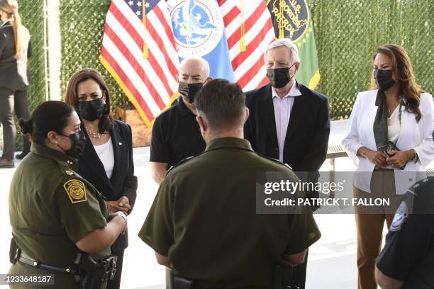 Vice President Kamala Harris , with Secretary Of Homeland Security Alejandro Mayorkas , Senator Dick Durbin and congresswoman Rep. Veronica Escobar ,...