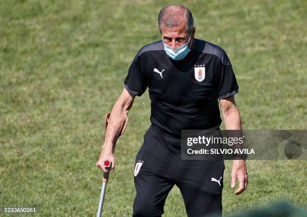 Uruguay's national football team head coach Oscar Washington Tabarez arrives at a training session at the Eurico Gaspar Dutra Stadium, in Cuiaba,...