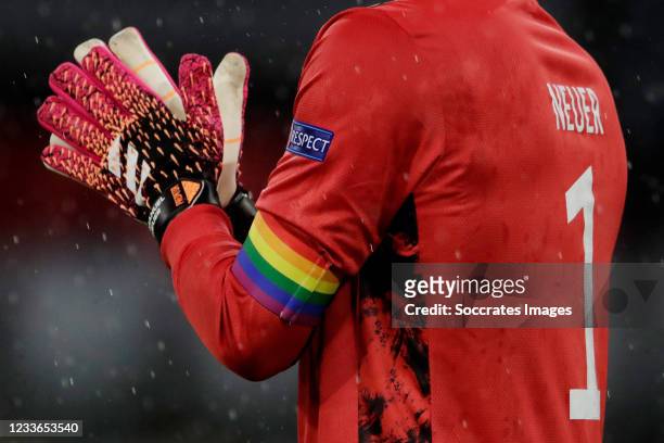 Manuel Neuer of Germany with the rainbow captain band during the match between Germany v Hungary at the Allianz Arena on June 23, 2021 in Munich...